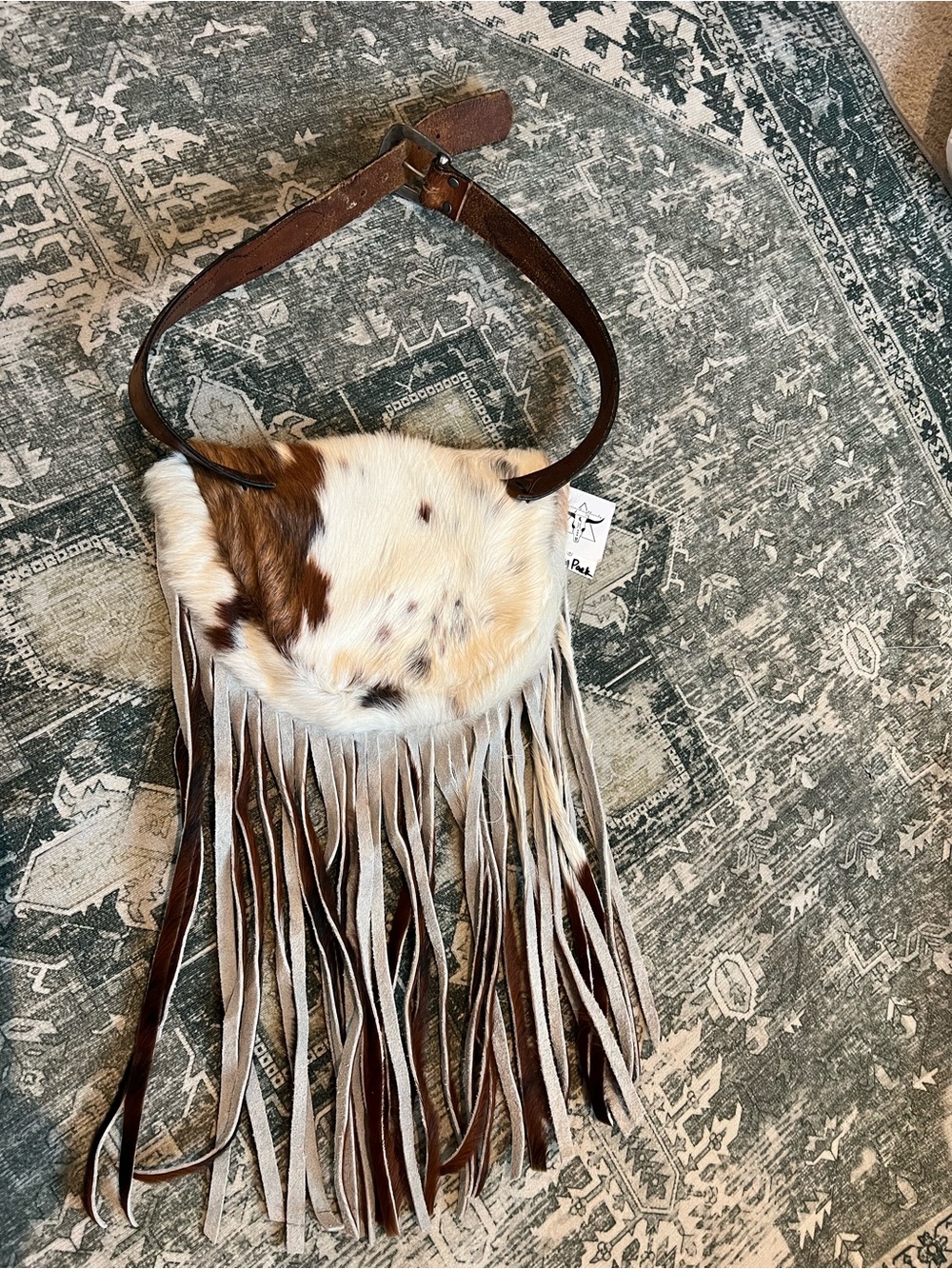 Fringed Cowhide Crossbody Bag in Brown and White - Picture 8 of 8